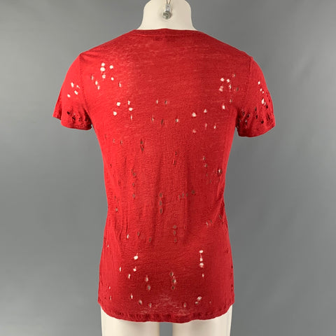 IRO Size XS Burgundy Distressed Linen Crew-Neck T-shirt