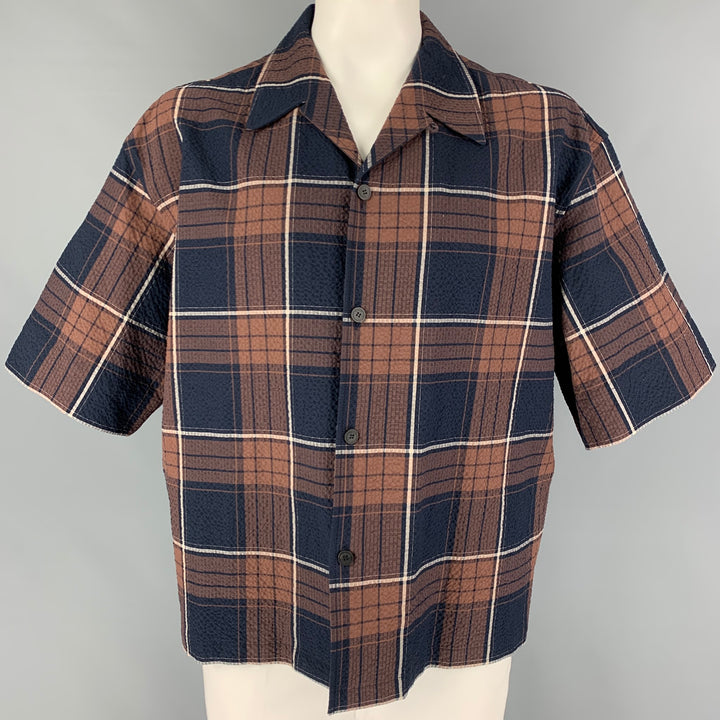 LE17SEPTEMBRE Size L Navy Brown Plaid Cotton Camp Short Sleeve Shirt