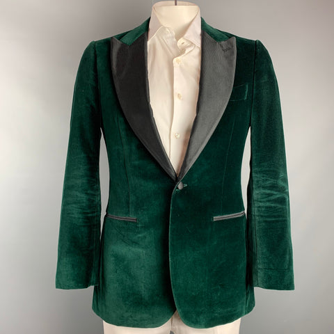 SUIT SUPPLY Size 40 Green & Black Velvet Cotton Peak Lapel Sport Coat