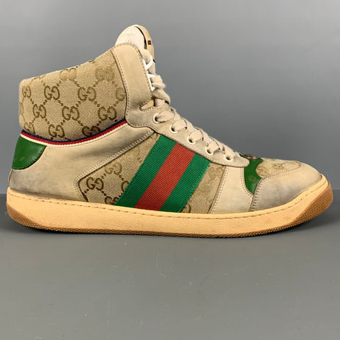 GUCCI Size 10.5 Tan Green & Red Distressed Canvas High Top Sneakers