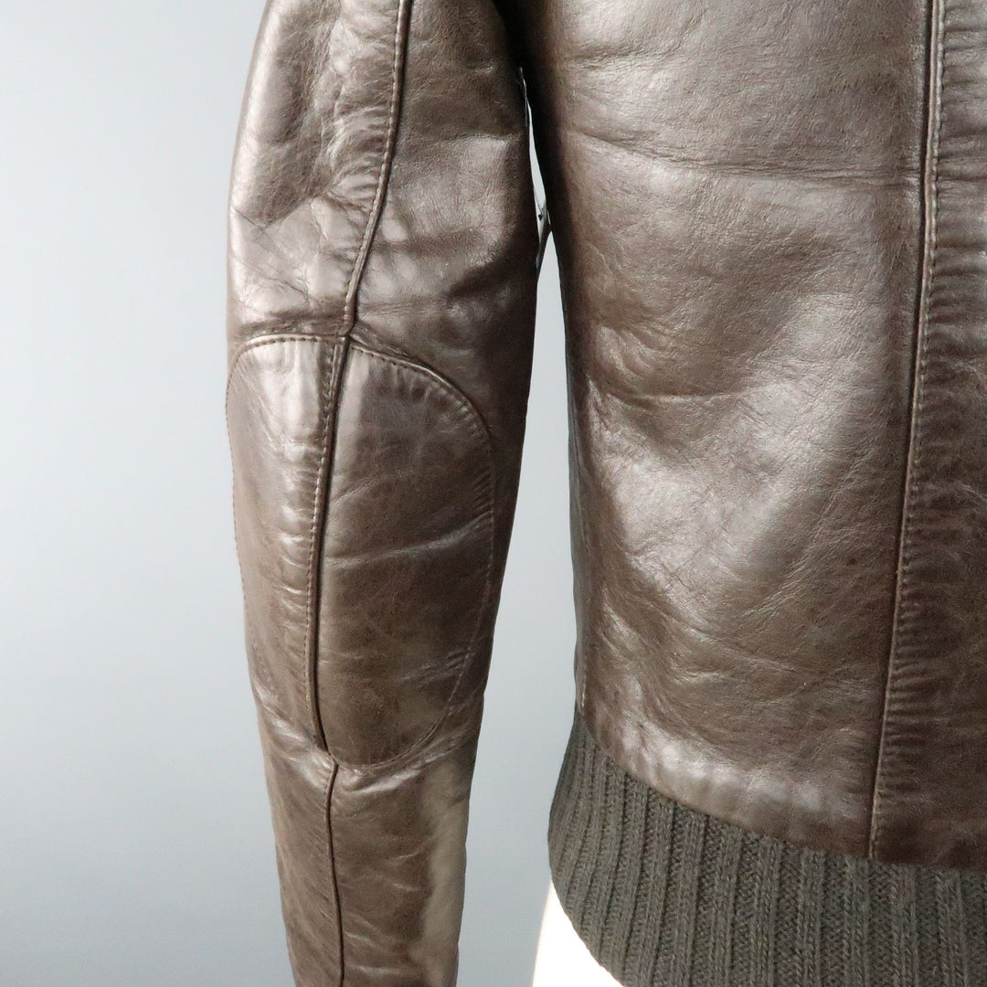 BALENCIAGA Size S Brown Leather Collared Cropped Bomber Jacket