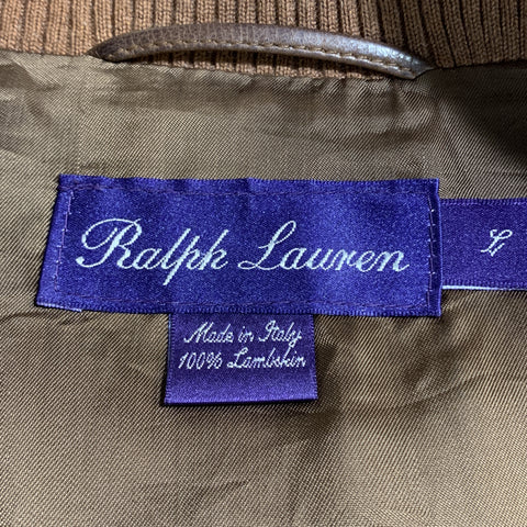 RALPH LAUREN L Tan  Leather Zip Up Slit Pockets Bomber Style Jacket