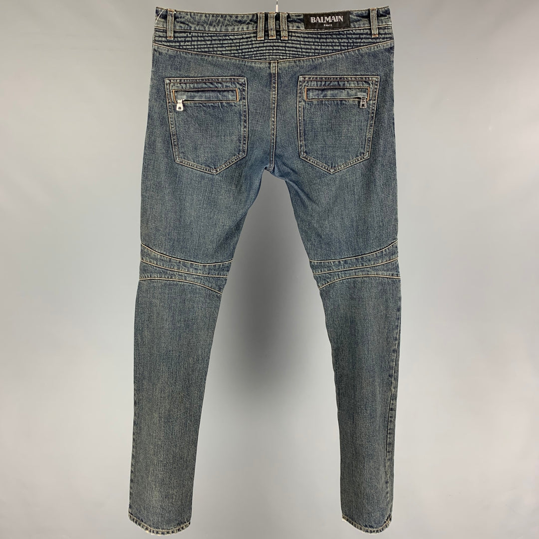 BALMAIN Size 32 Blue Cotton Motorcycle Jeans