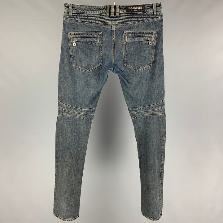 BALMAIN Size 32 Blue Cotton Motorcycle Jeans