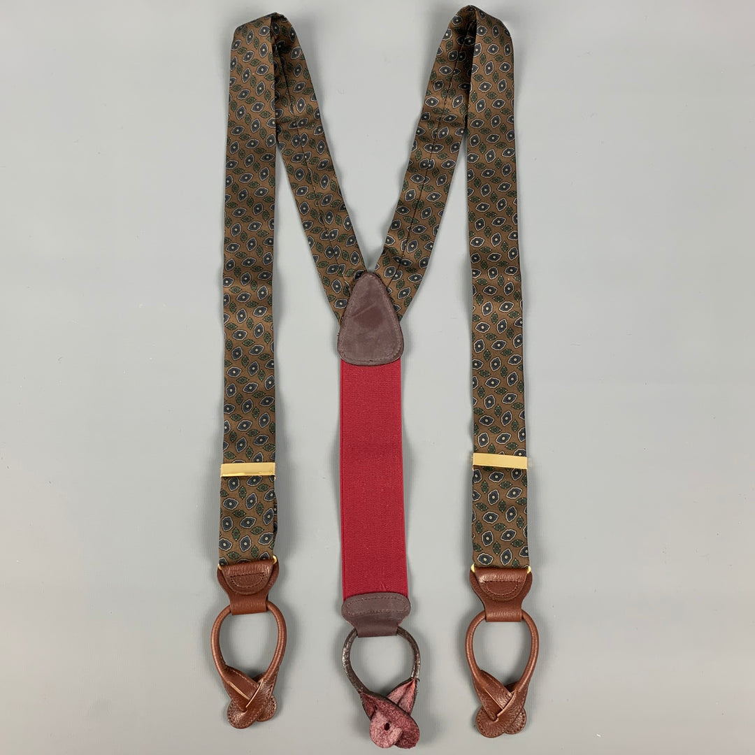 TRAFALGAR Brown Navy Abstract Floral Silk Leather Suspenders