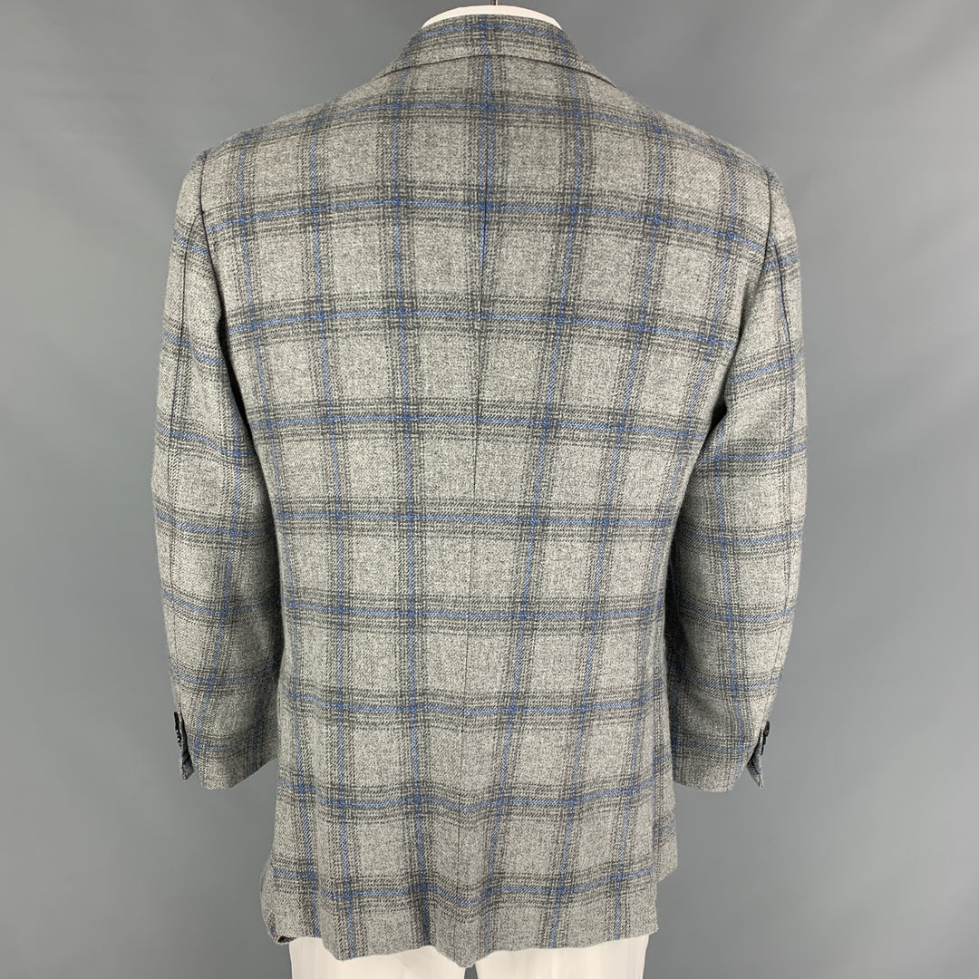 KITON Size 44 Grey Blue Plaid Cashmere Notch Lapel Sport Coat