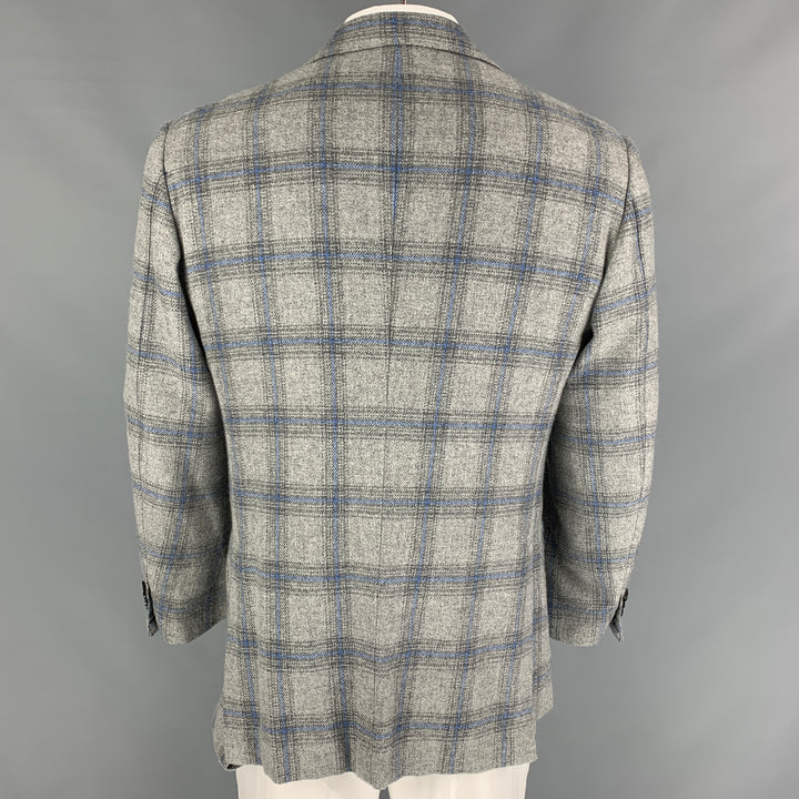 KITON Size 44 Grey Blue Plaid Cashmere Notch Lapel Sport Coat