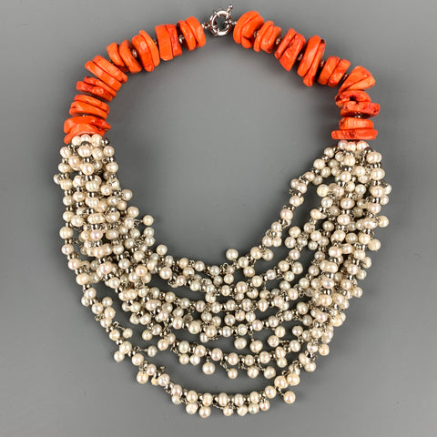 VINTAGE Collier superposé de fausses perles de corail orange