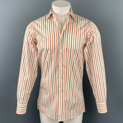 RICHARD JAMES Savile Row Size S White & Brown Stripe Cotton Button Up Long Sleeve Shirt