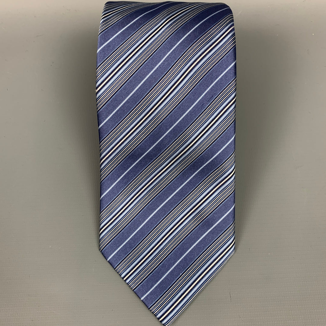 BRIONI Light Blue & Cream Stripe Silk Tie