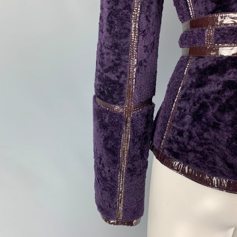 YVES SAINT LAURENT Size 6 Purple Shearling Patent Leather Reversible Belted Jacket