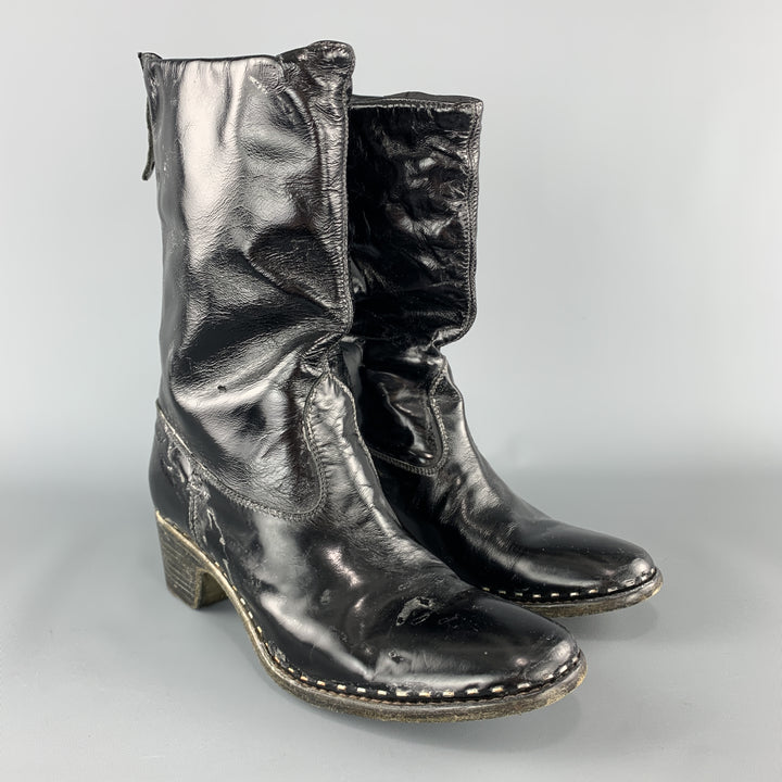 PREMIATA Size 8 Black Patent Leather Stacked Heel Boots