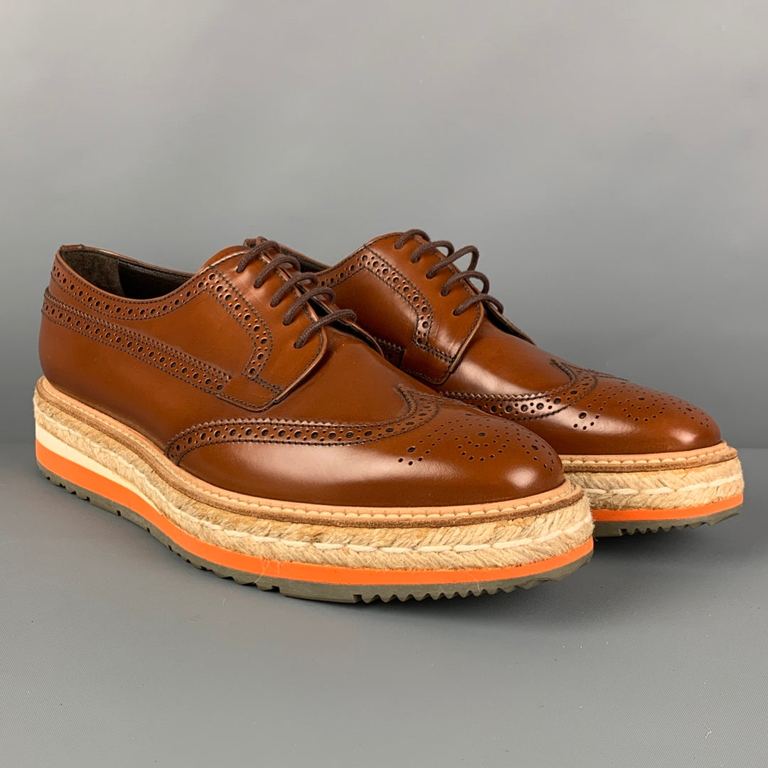 PRADA Size 10.5 Tan Orange Leather Perforated Wingtip Laces