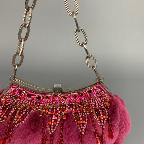 BADGLEY MISCHKA Purple & Silver Beaded Rhinestones Fur Handbag