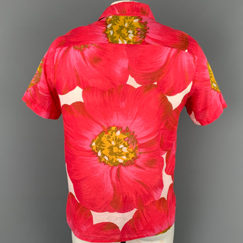 THEORY Size L Pink & Yellow Floral Cotton Button Up Short Sleeve Shirt