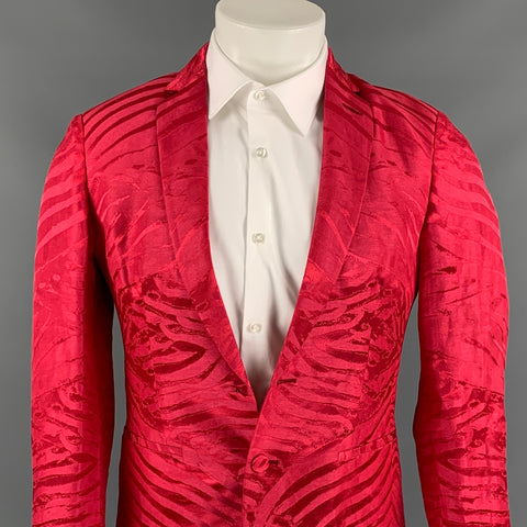 ROBERTO CAVALLI Size 34 Fuchsia Jacquard Linen / Silk Notch Lapel Sport Coat