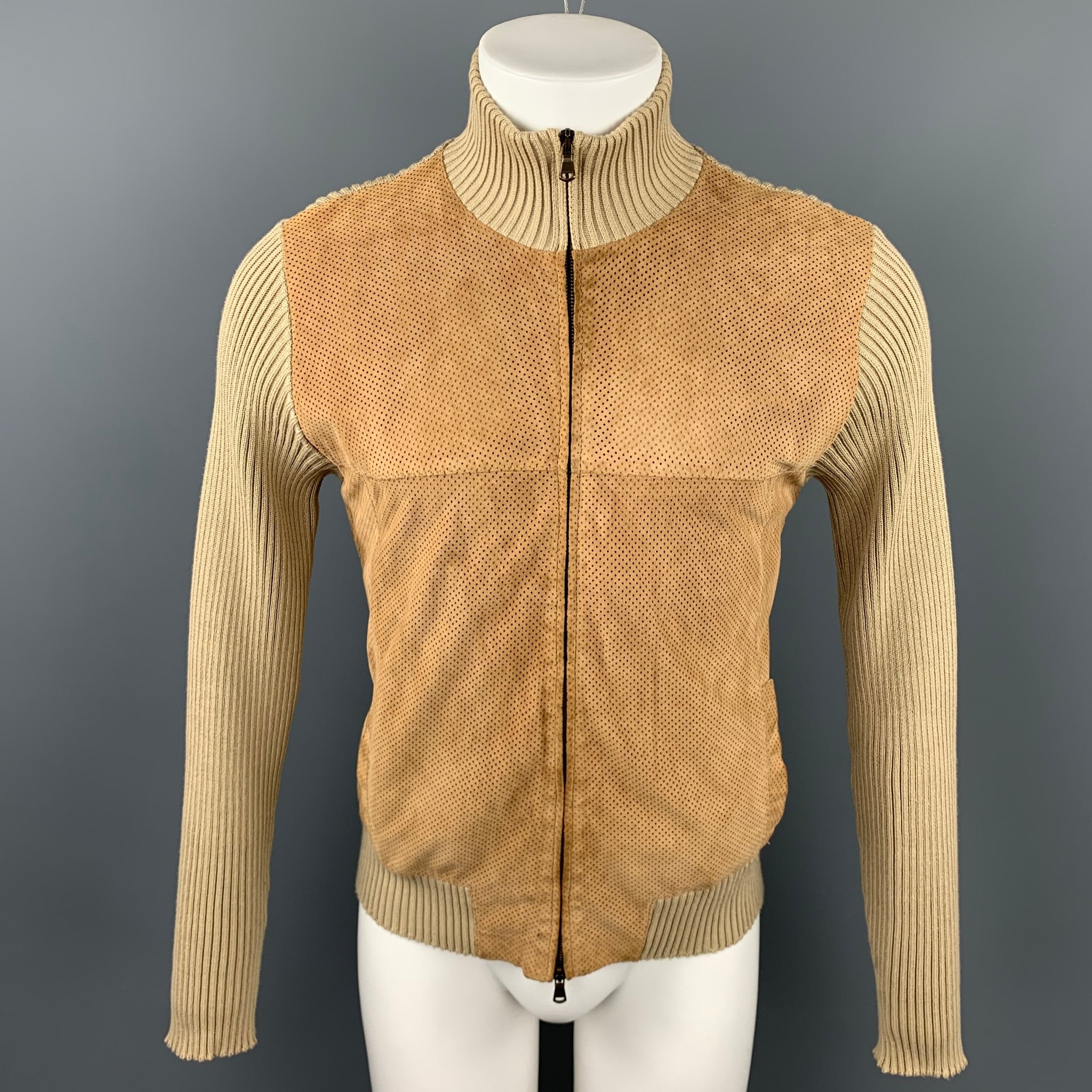 KOAN Size S Tan Perforated Suede Trim High Collar Jacket