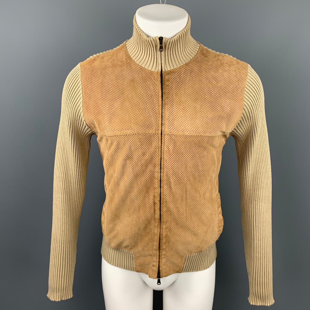 KOAN  Size S Tan Perforated Suede Trim High Collar Jacket