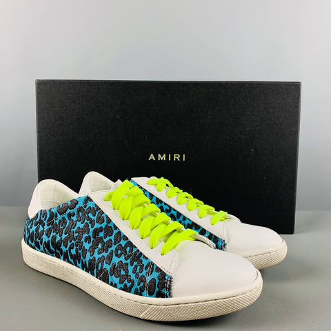 AMIRI Size 7 White Black & Blue Embossed Leather Low Top Sneakers