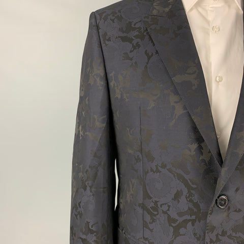 VERSACE COLLECTION Size 44 Black Navy Floral Acetate Wool Sport Coat