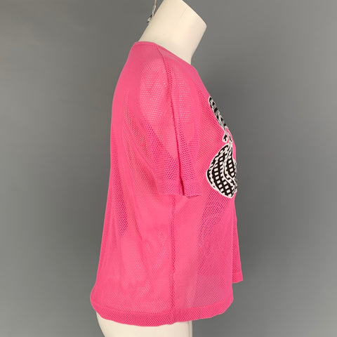 CARVEN Talla S Camiseta de cuello redondo de malla de mezcla de algodón rosa negro blanco