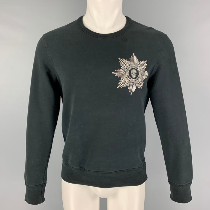 ALEXANDER MCQUEEN Size M Black Silver Embroidery Cotton Crew-Neck Pullover