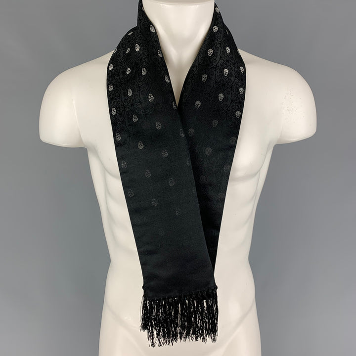 ALEXANDER MCQUEEN Black Silver Skull Silk Scarf