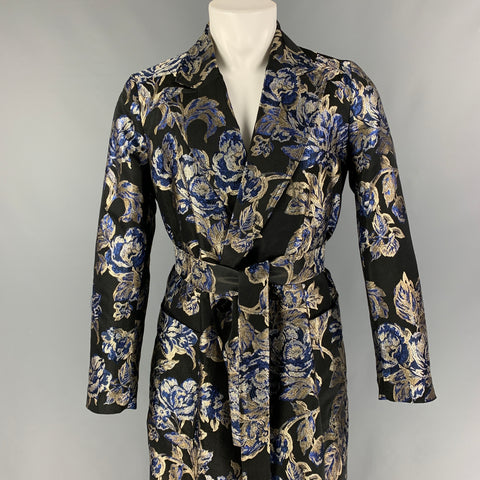 CHRISTIAN PELLIZZARI Size 36 Black Blue Silver Jacquard Acetate Blend Peak Lapel Coat Suit