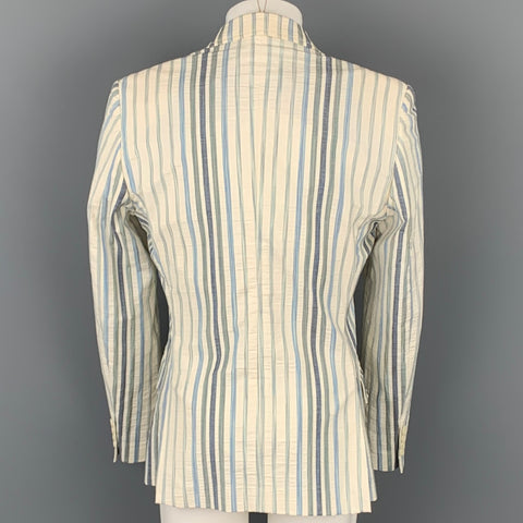 JUST CAVALLI Size 40 Cream & Blue Stripe Cotton Blend Peak Lapel Sport Coat