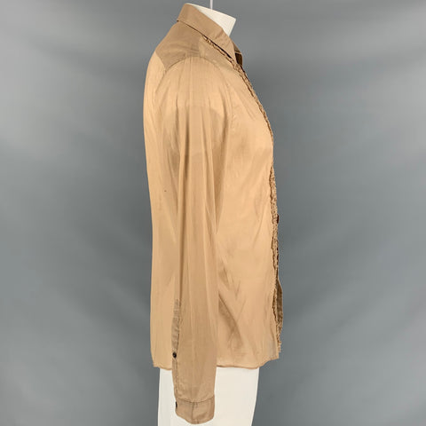 BURBERRY PRORSUM Size L Tan Ruffled Button Down Long Sleeve Shirt