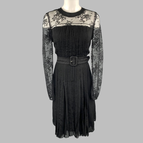 PRADA Size 10 Black Pleated Silk Lace Top Long Sleeve Cocktail Dress