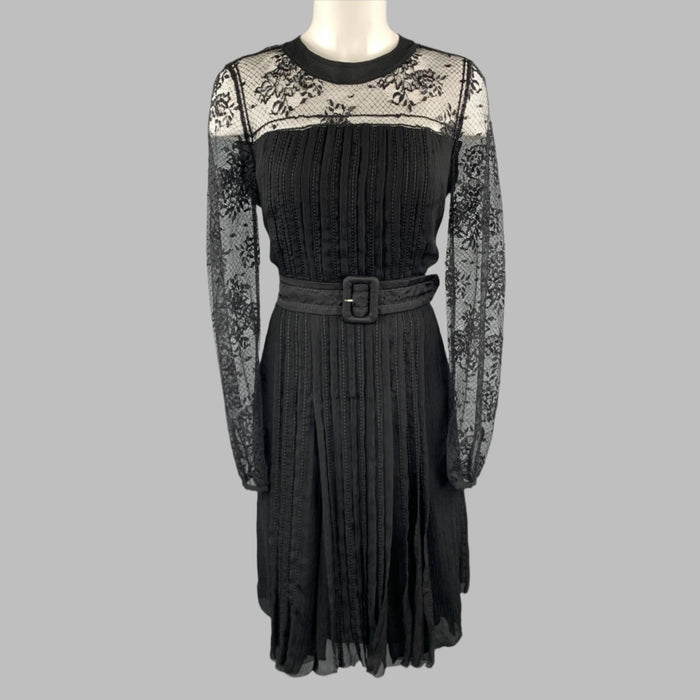PRADA Size 10 Black Pleated Silk Lace Top Long Sleeve Cocktail Dress