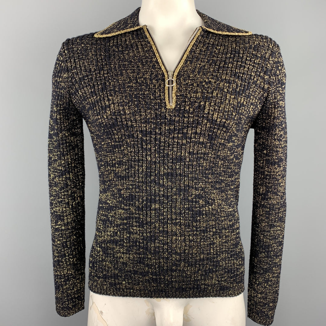 DRIES VAN NOTEN Size L Black & Metallic Gold Ribbed Knit Wool Blend Half Zip Pullover