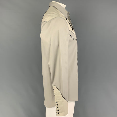 Vintage ROPEZ Talla L Gris Beige Bordado Camisa Occidental Manga Larga