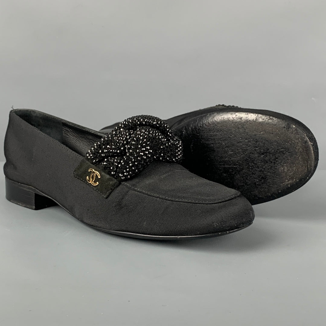 CHANEL Talla 6 Mocasines planos de tela negra con diamantes de imitación