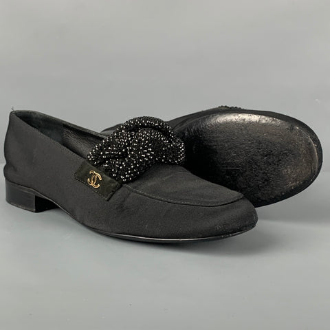 CHANEL Size 6 Black Fabric Rhinestone Loafer Flats
