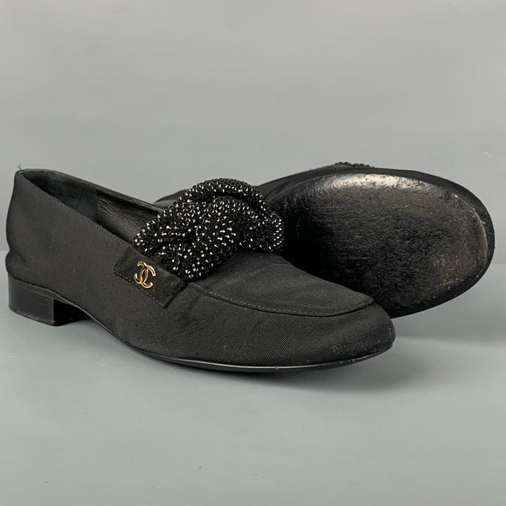 CHANEL Talla 6 Mocasines planos de tela negra con diamantes de imitación