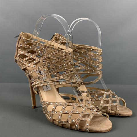 JIMMY CHOO Talla 10 Sandalias tobilleras con pedrería de ante dorado beige