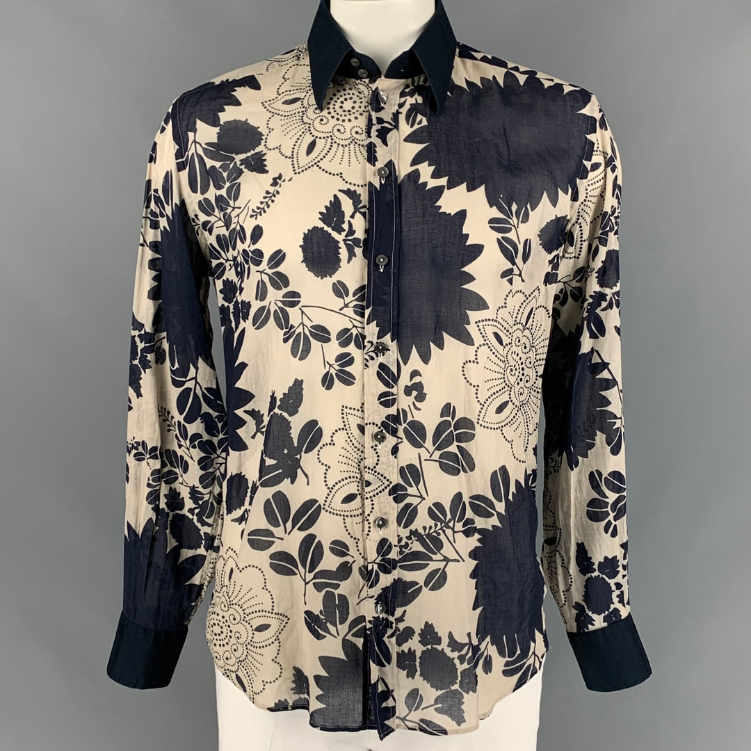 DOLCE & GABBANA Size L Taupe & Black Floral Cotton Tailored Fit Long Sleeve Shirt