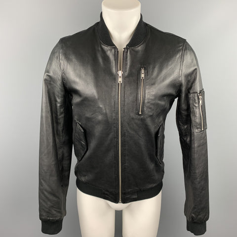 BLK DNM Size S Black Leather Zip Up Bomber Jacket