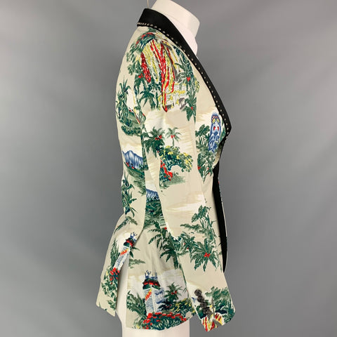 R13 Size S Ivory Green Print Cotton / Silk Shawl Collar Sport Coat