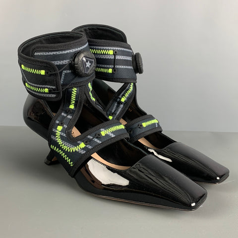 CHRISTIAN DIOR Talla 7 Zapatos de tacón con punta cuadrada de charol negro amarillo