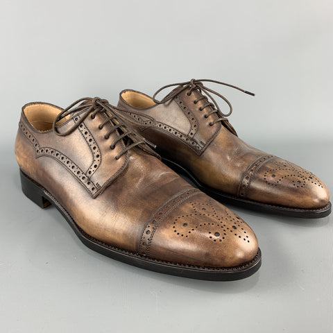 KITON Size 9 Brown Antique Effect Leather Cap Toe Lace Up Brogues