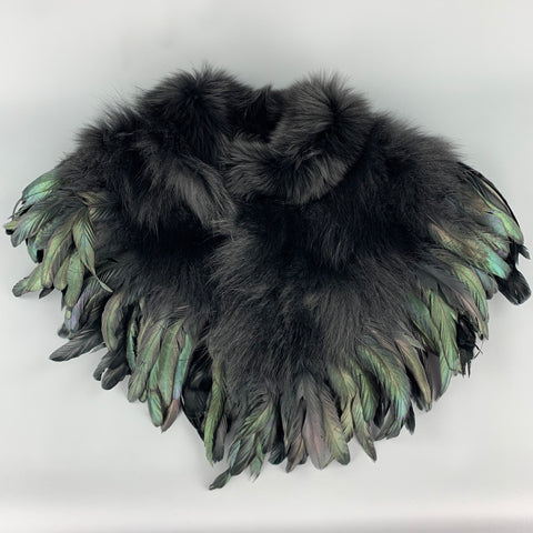 CO Mixed Materials Black Fox Fur Feathers Shawl