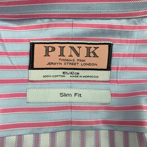 THOMAS PINK Size L Light Blue Pink Stripe Cotton French Cuff Long Sleeve Shirt