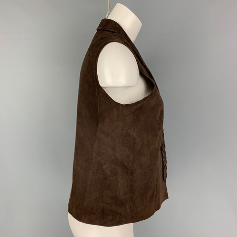 PRADA Talla 10 Chaleco con broches de ante marrón con volantes