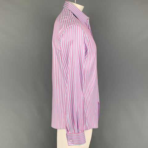 THOMAS PINK Talla L Camisa Manga Larga Puño Francés Algodón Rayas Azul Claro Rosa