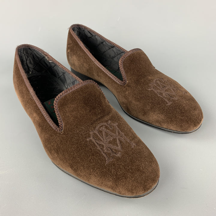 SHIPTON Size 8 Brown Embroidery Velvet Slippers Loafers