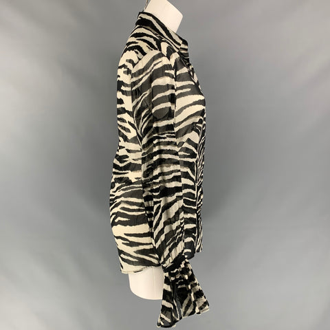 DRIES VAN NOTEN Size 2 Black & White Cotton Zebra Clavelly Cuff Blouse