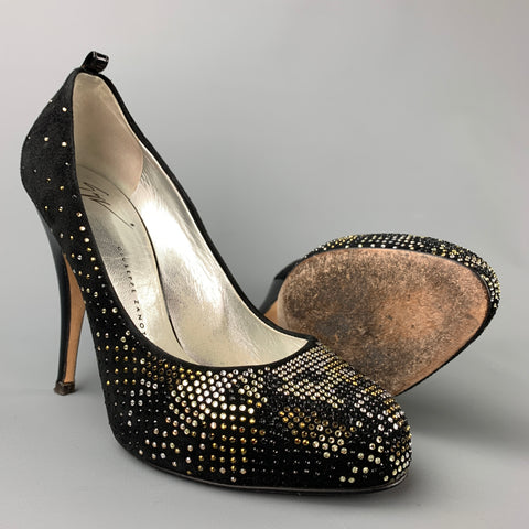 GIUSEPPE ZANOTTI Talla 6 Zapatos de tacón de ante con cristales en negro y plateado